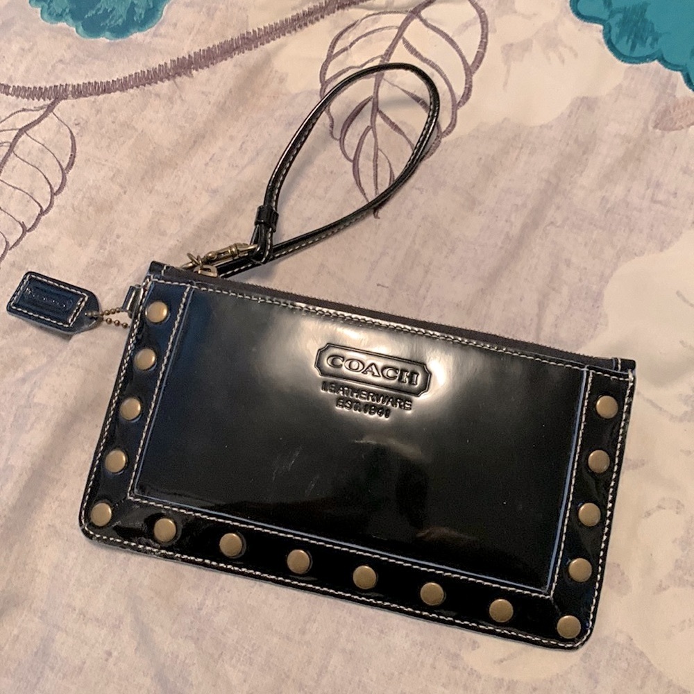 Coach Black Patent Leather Studded Signature Lining Minibag Wristlet